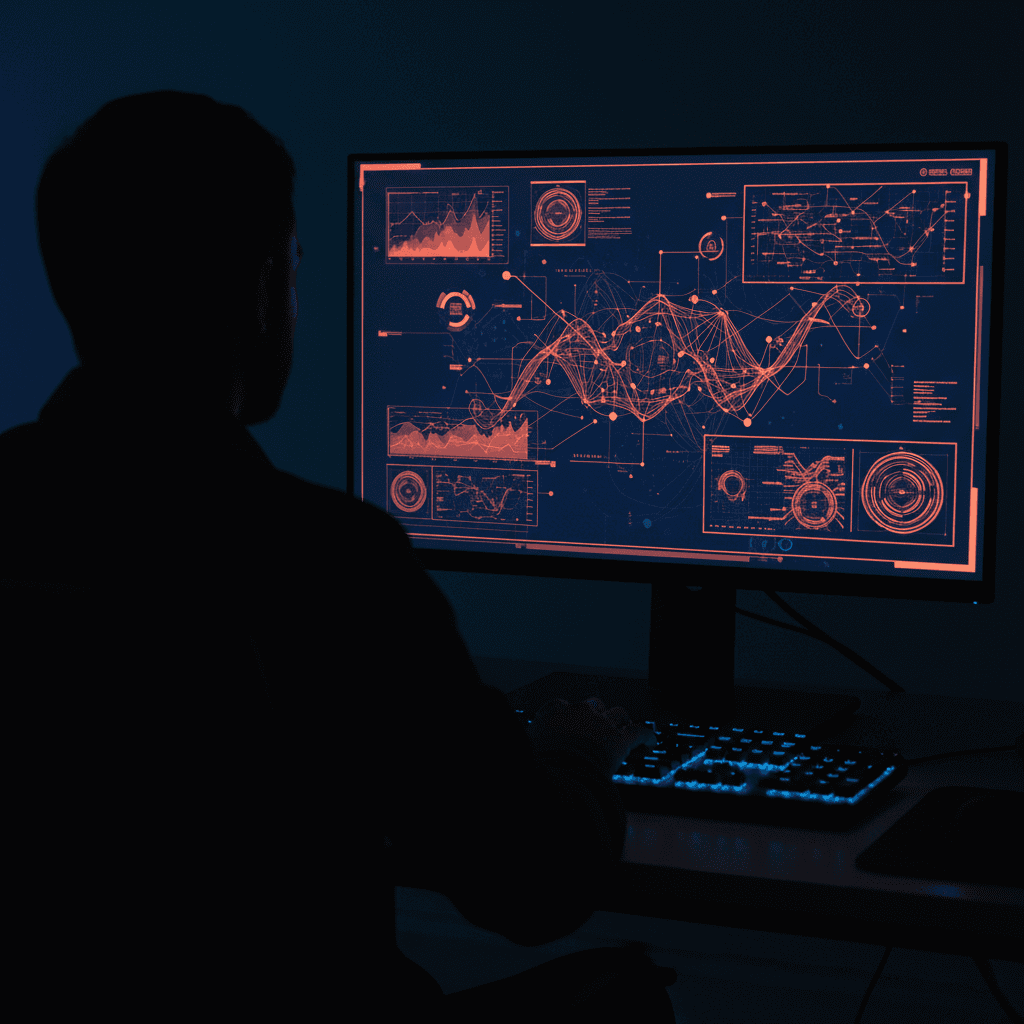 Person silhouette viewing data dashboard on monitor