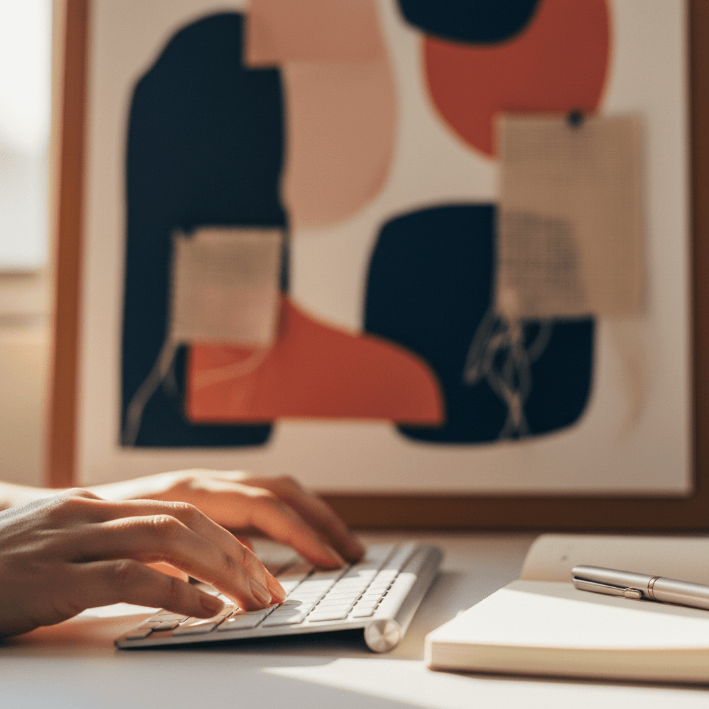 Hands typing on keyboard with notebook