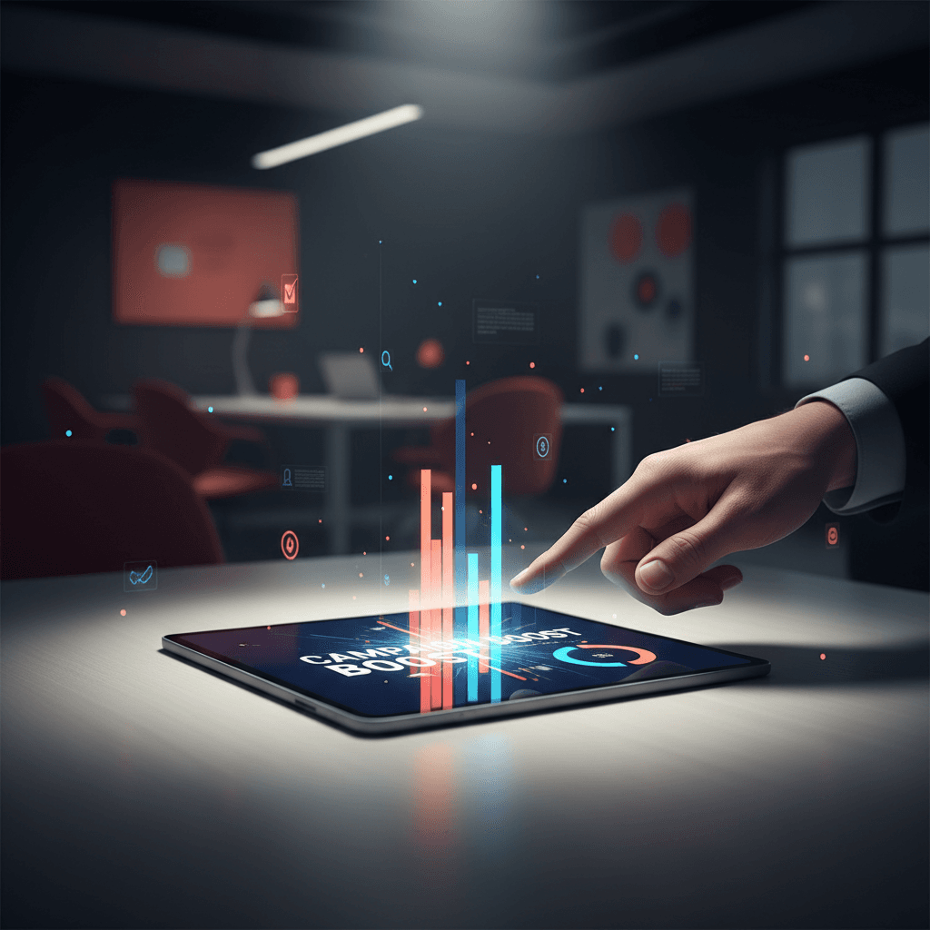 Hand pointing at tablet with ad metrics