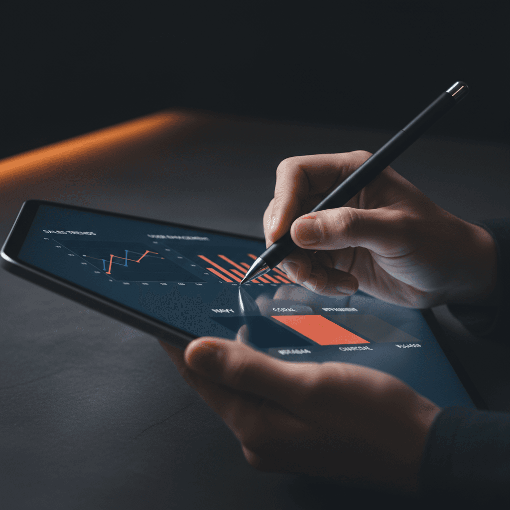 Hand adjusting a digital tablet with analytics and brand colors on screen
