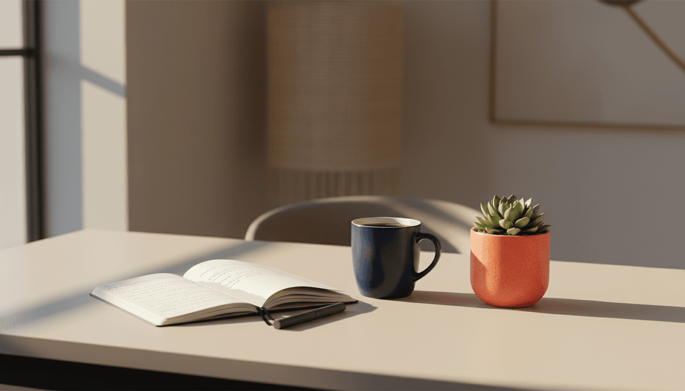 Clean desk with notebook, coffee mug, and succulent in natural light