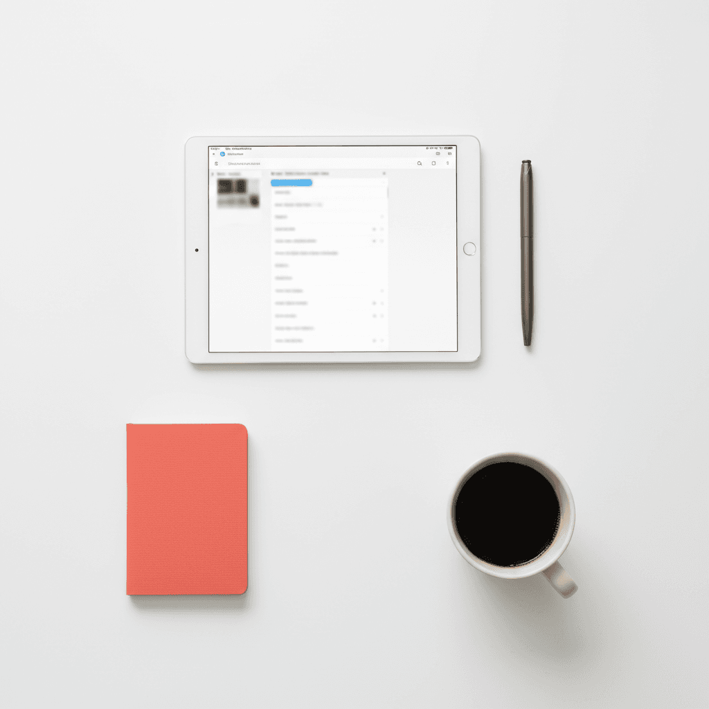 Flat lay of desk with tablet showing email inbox