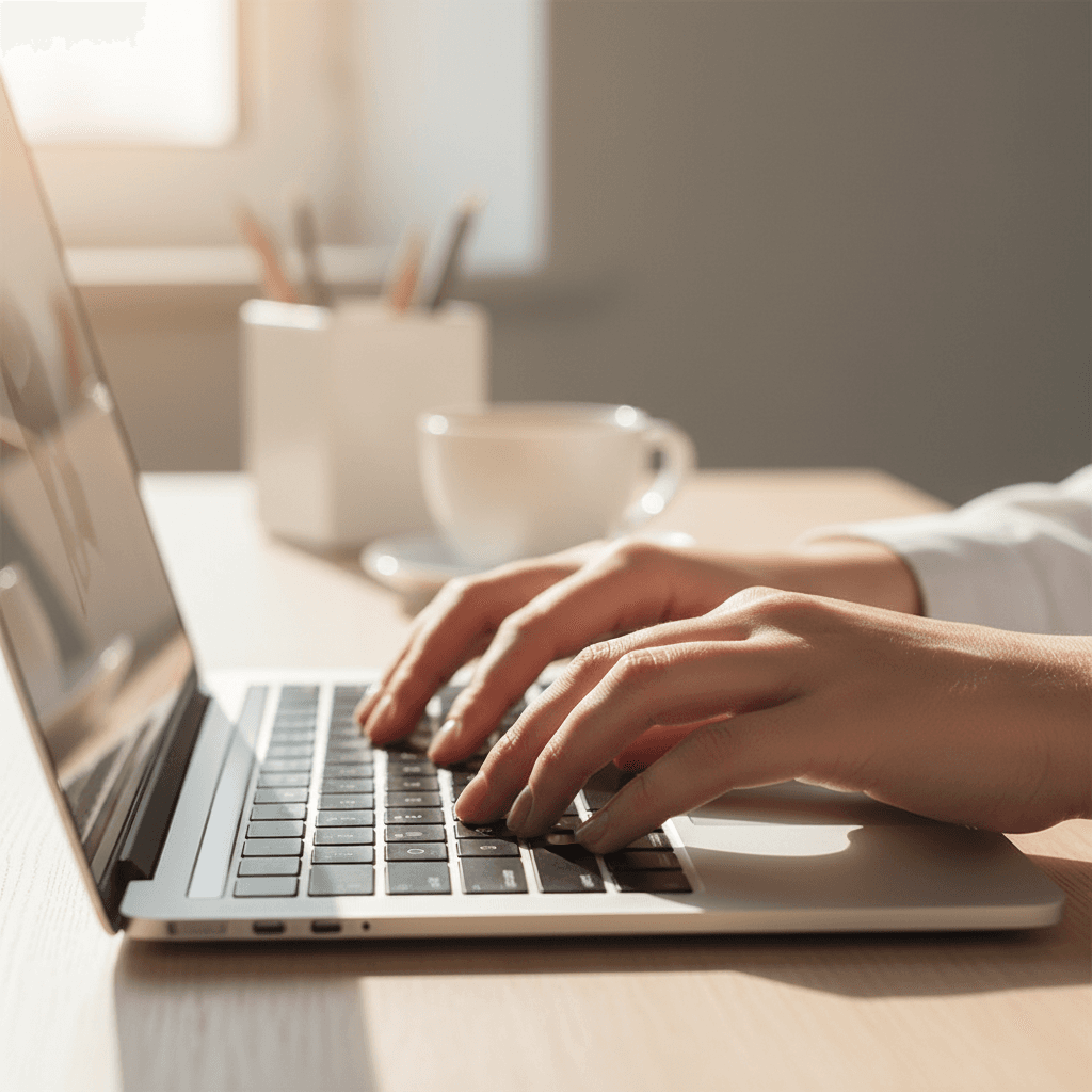 Hands typing on a laptop in a modern office