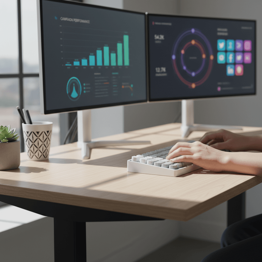 Digital marketing professional working at a modern desk with dual monitors
