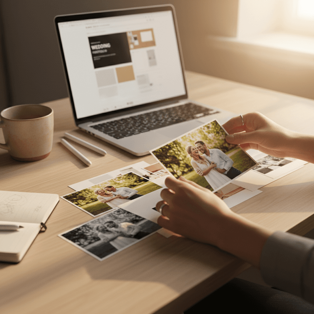 Hands arranging printed marketing mockups on a cream table with sticky notes