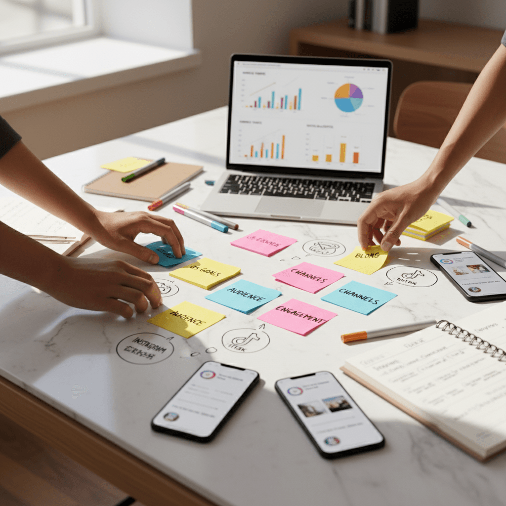 Whiteboard with colorful strategy post-it notes in coral, navy, and cream